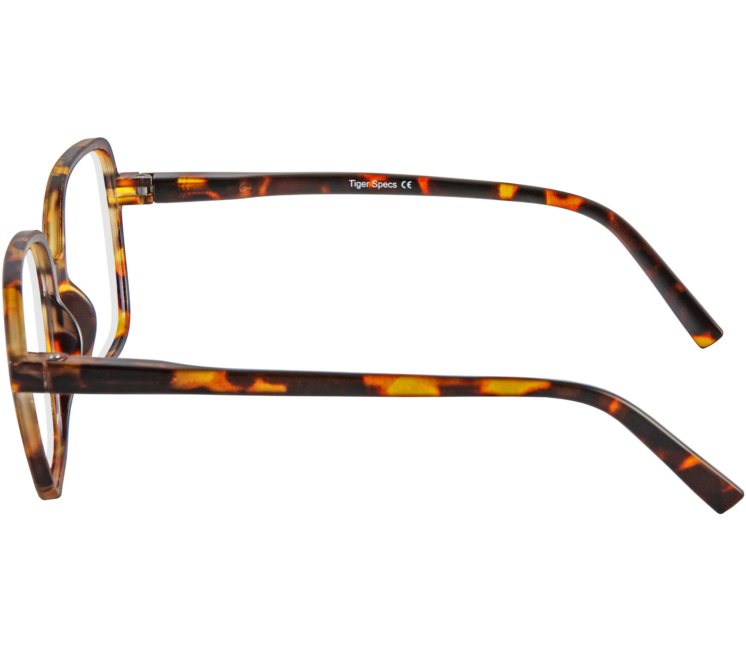 Vienna (Tortoiseshell) elegant oversized reading glasses with large lenses and a slender retro frame. Side view.