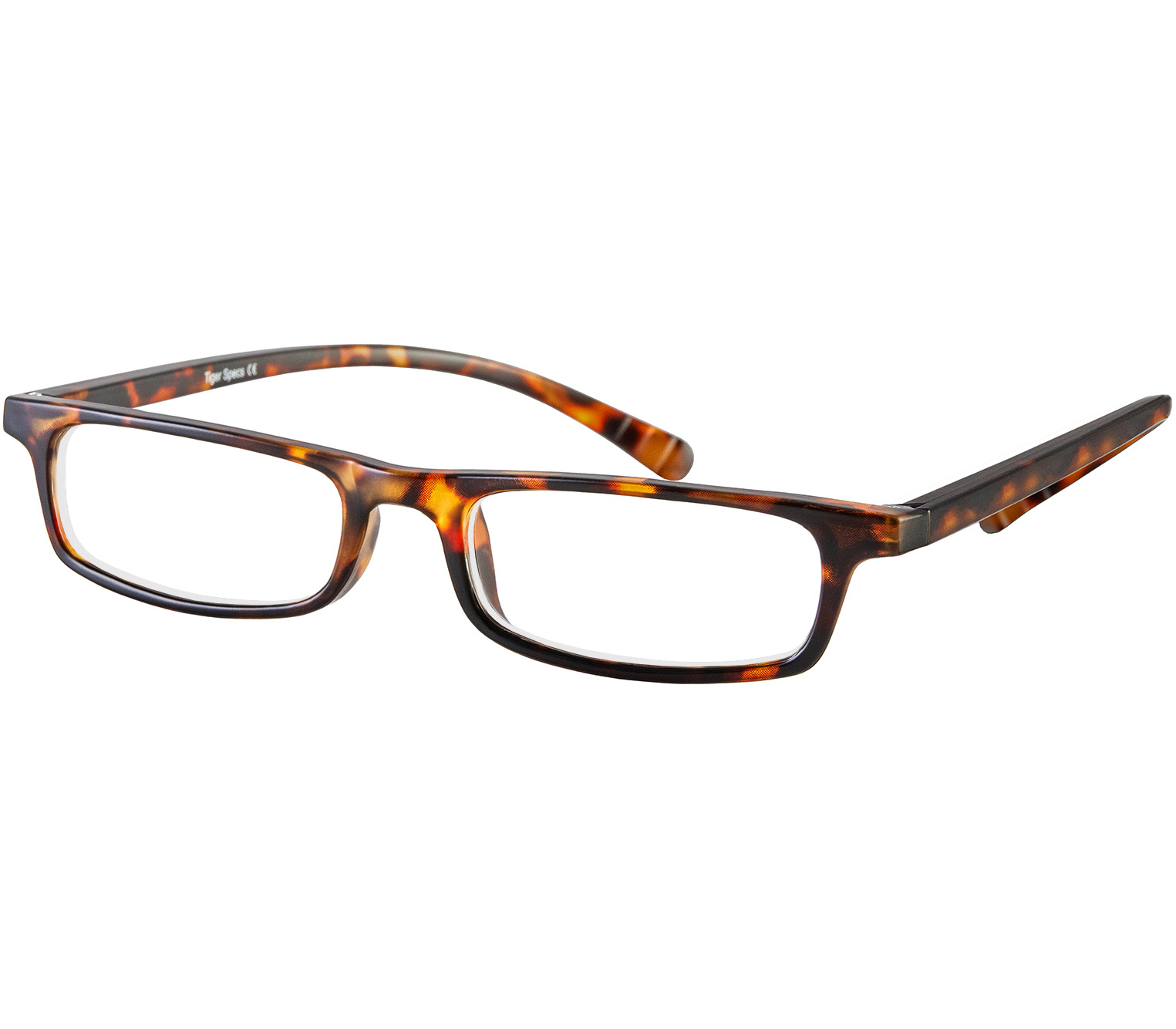 Jam (Tortoiseshell) slender, rectangular unisex reading glasses with extra long arms to hang around your neck when not in use.