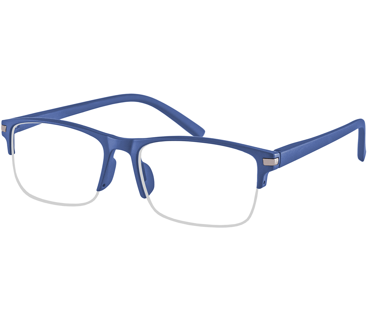 Solent (Blue) semi-rimless classic reading glasses. With a soft-touch navy blue frame and temples.