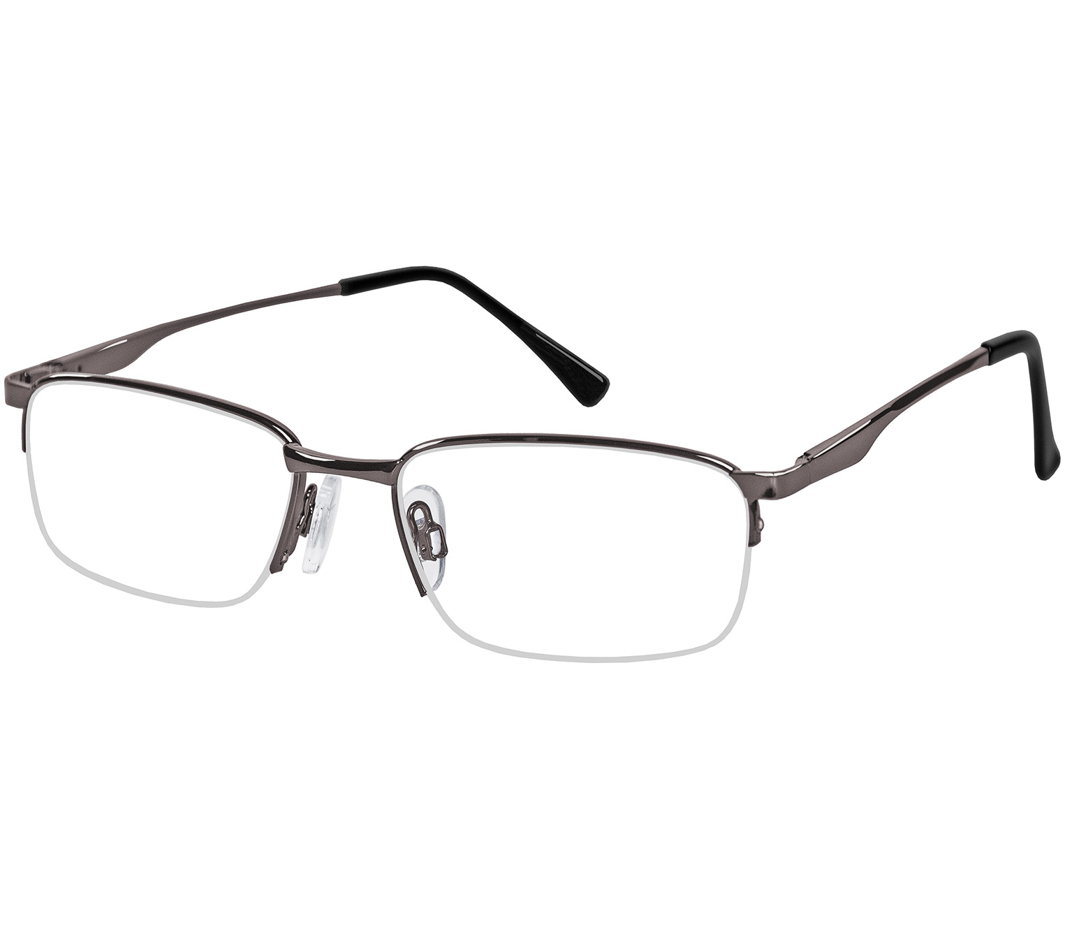 Westport (Gunmetal) classic semi-rimless reading glasses with rectangular lenses and a polished gunmetal frame. Spring hinges.