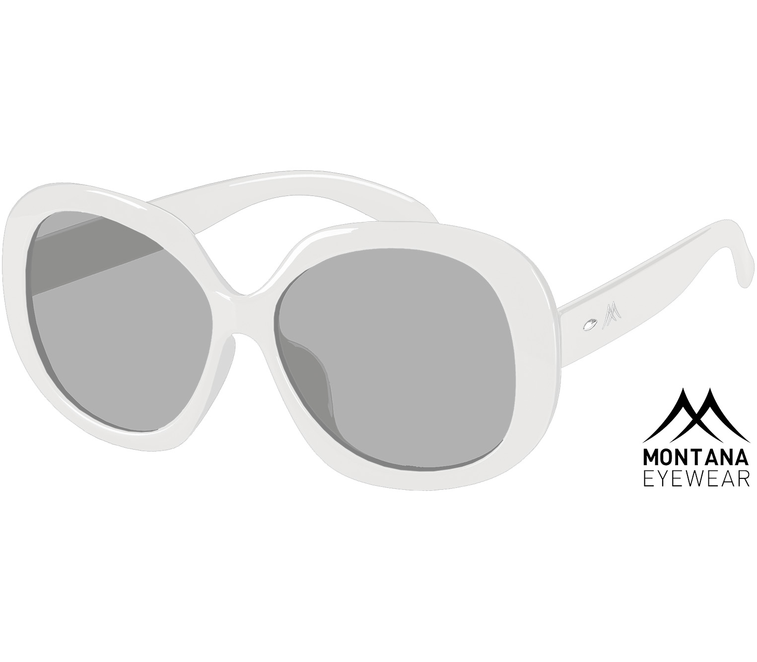 Bella (White) oversized retro sunglasses with large round grey tinted lenses. Rivet details and a glossy white frame.