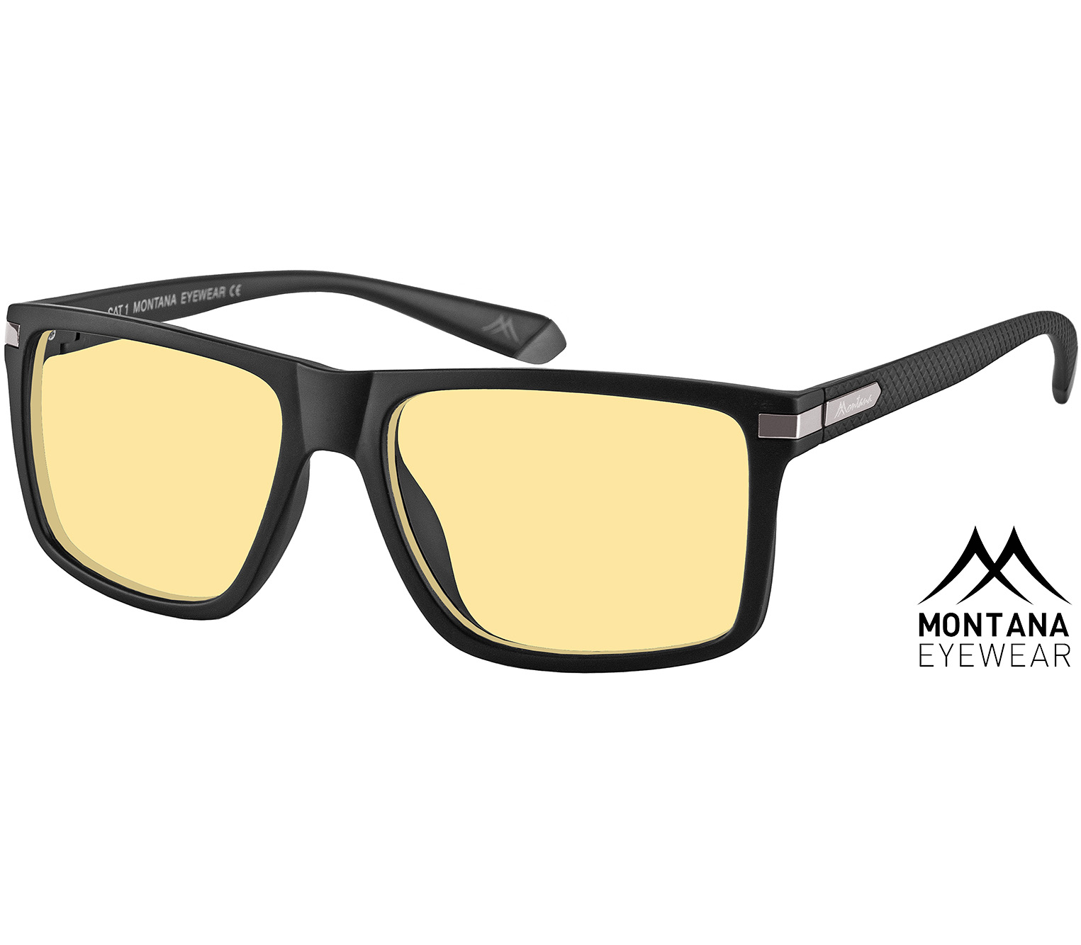 Leo (Black) classic night driving glasses with a square frame and yellow tinted polarised lenses.
