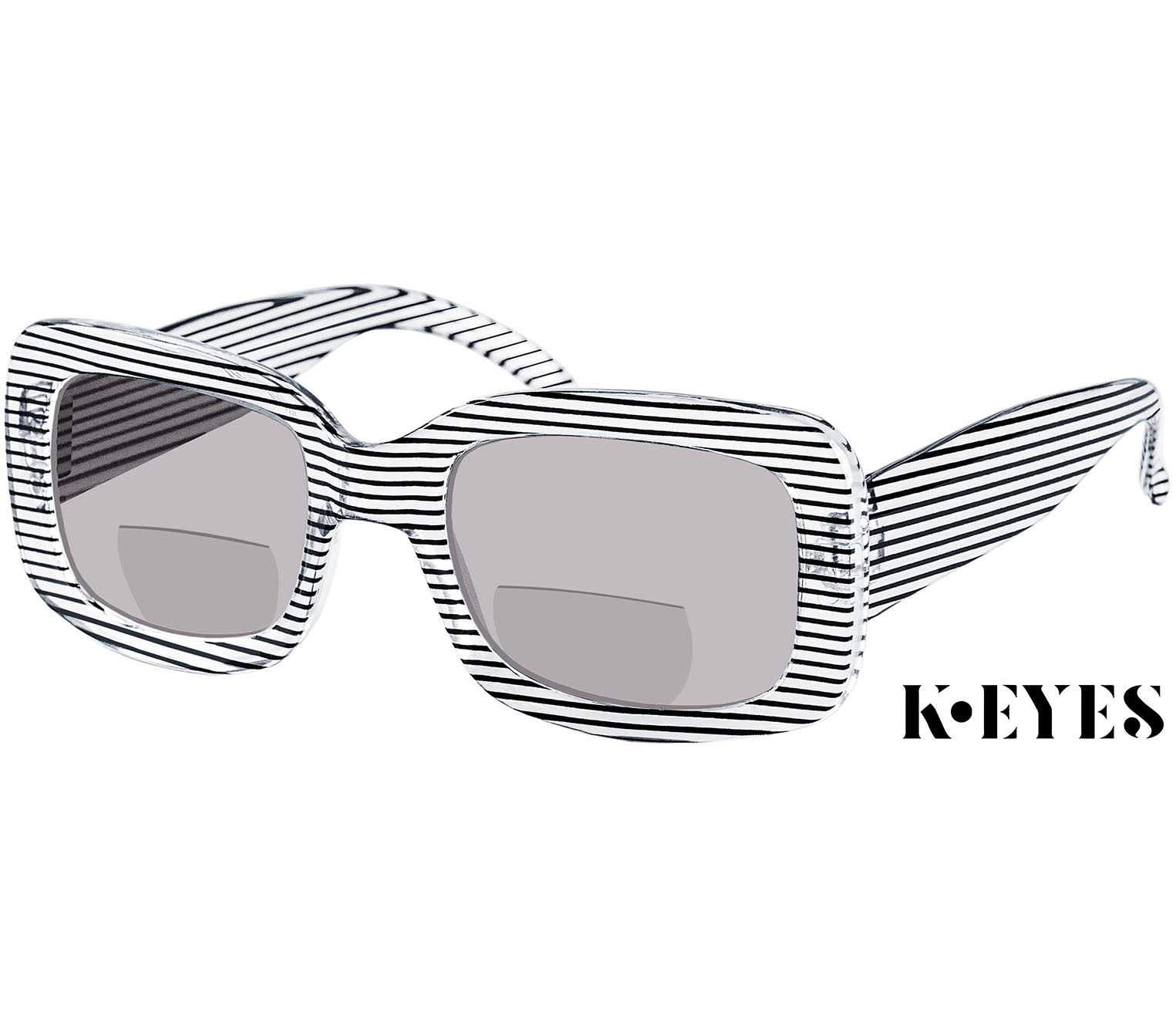 Crush (Clear) retro style bifocal reading sunglasses. Category 2 tinted lenses and chunky striped design. Full UV400 sun protection.