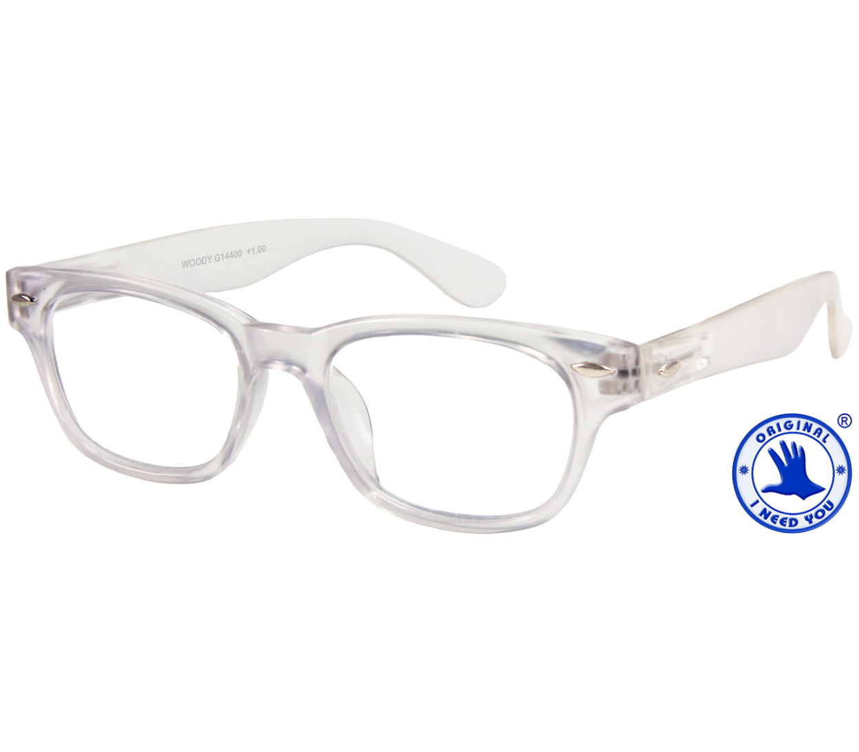 Main Image (Angle) - Woody (Clear) Retro Reading Glasses