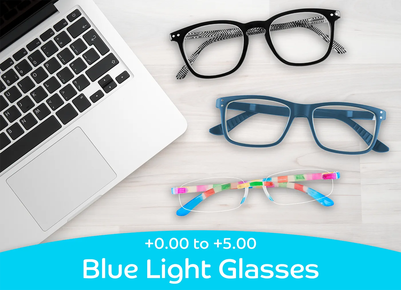 Blue light reading glasses range, available in strengths from +0.00 up to +5.00. Filter blue light from screens and reduce eye strain.