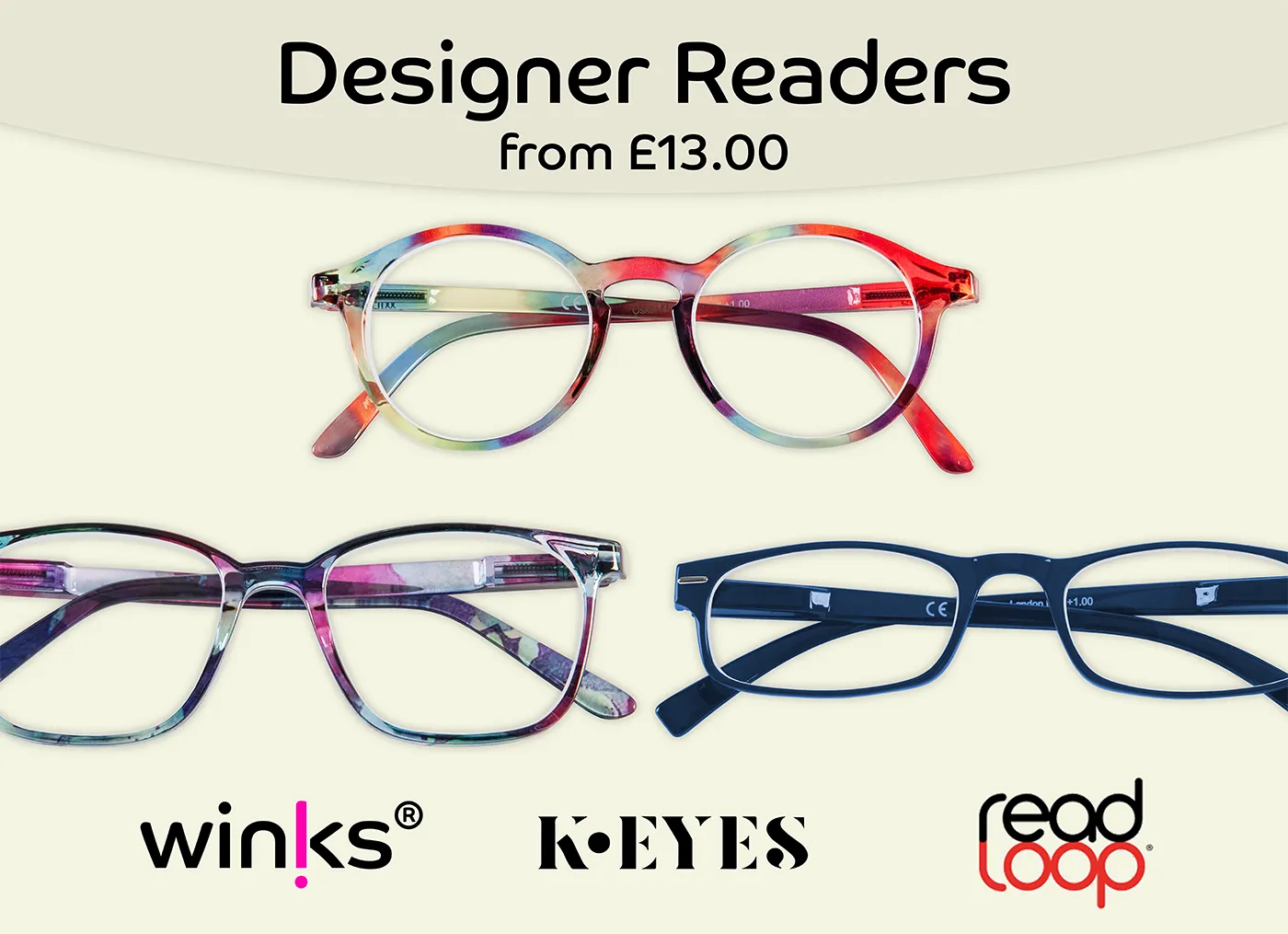 Designer reading glasses from popular brands including Winks, K-Eyes and Read Loop, starting from only £12.50.